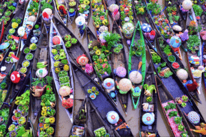 Close-up of tropical fruit on a trading boat at a Mekong Delta floating market