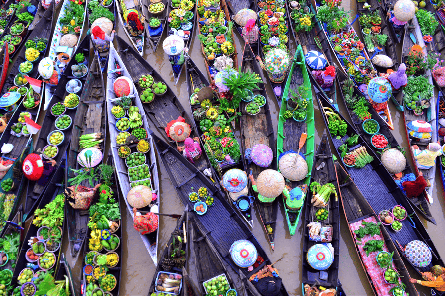 Close-up of tropical fruit on a trading boat at a Mekong Delta floating market