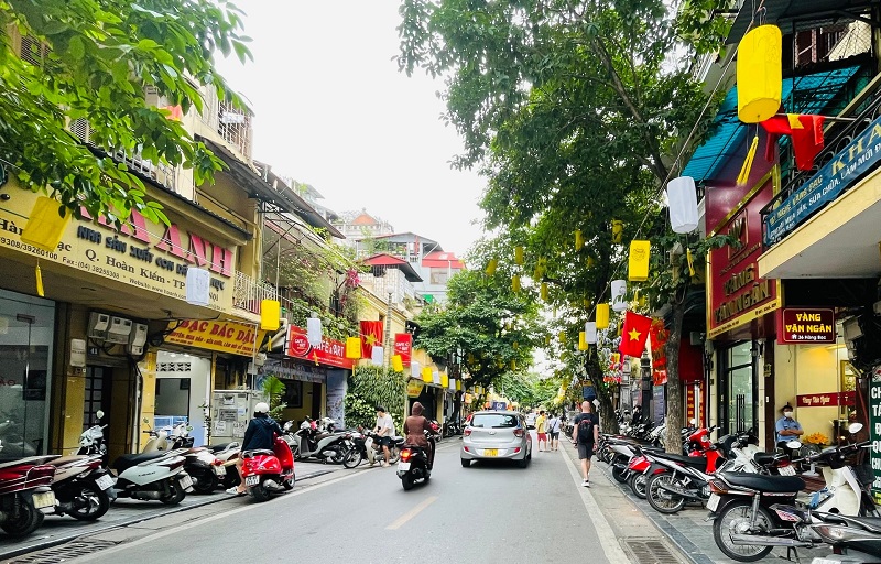 Hang Bac Street with silver jewelry shops in Hanoi Old Quarter