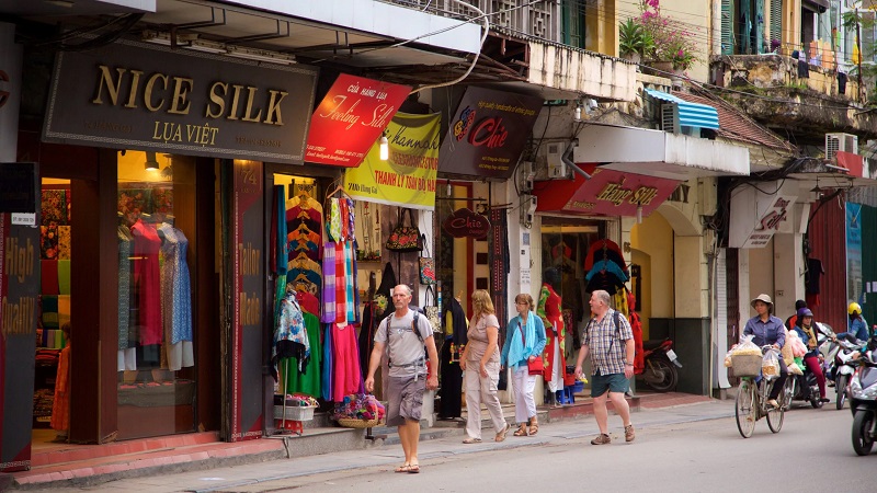 Hang Gai Silk Street in Hanoi Old Quarter with silk shops
