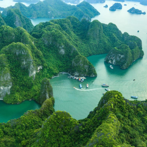 Aerial view of Ha Long Bay’s limestone islands and emerald waters in northern Vietnam
