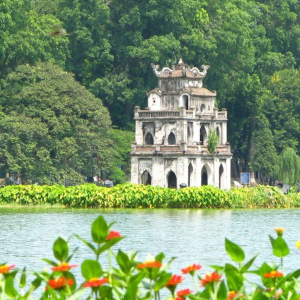 Hoan Kiem Lake and Turtle Tower in the heart of Hanoi, Vietnam