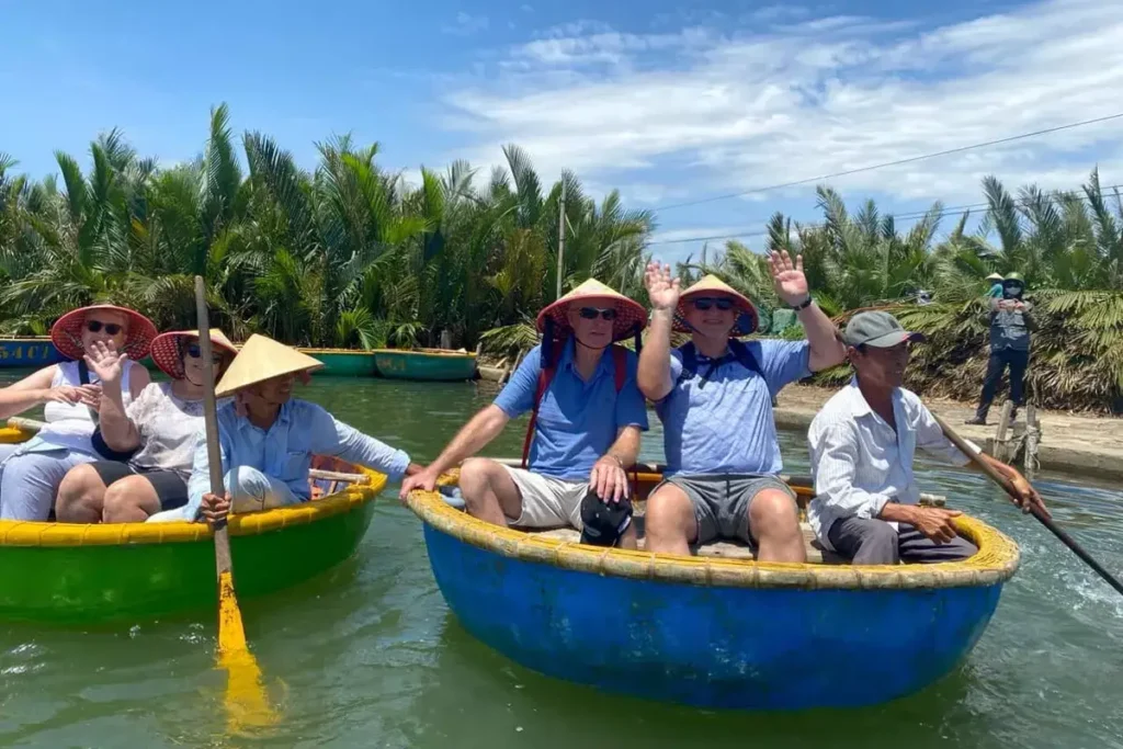 Hoi An riverside sunset with colorful lantern boats