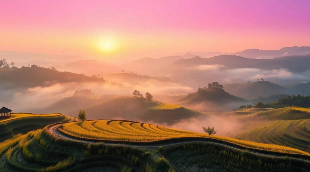 Sunrise over Sapa’s terraced rice fields