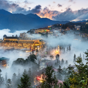Misty mountain scenery and terraced rice fields surrounding Sapa town in northern Vietnam