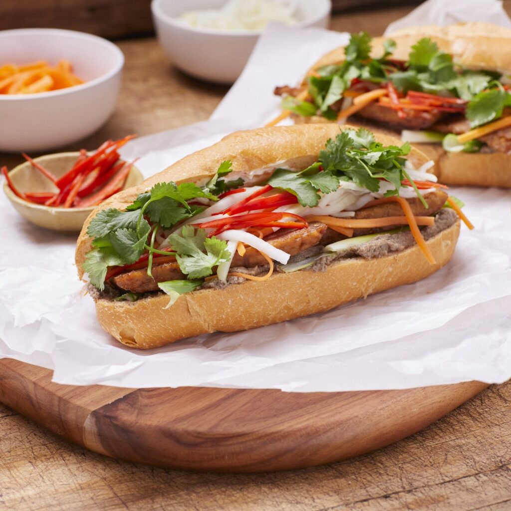 Vietnamese banh mi sandwich filled with meat, herbs, and pickled vegetables.