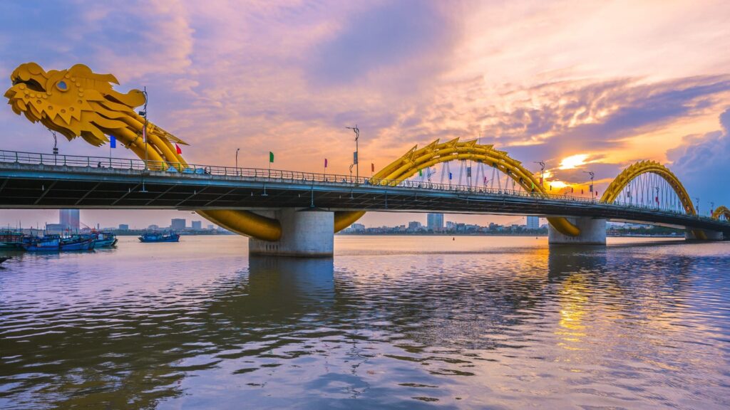 Dragon Bridge in Da Nang illuminated at night