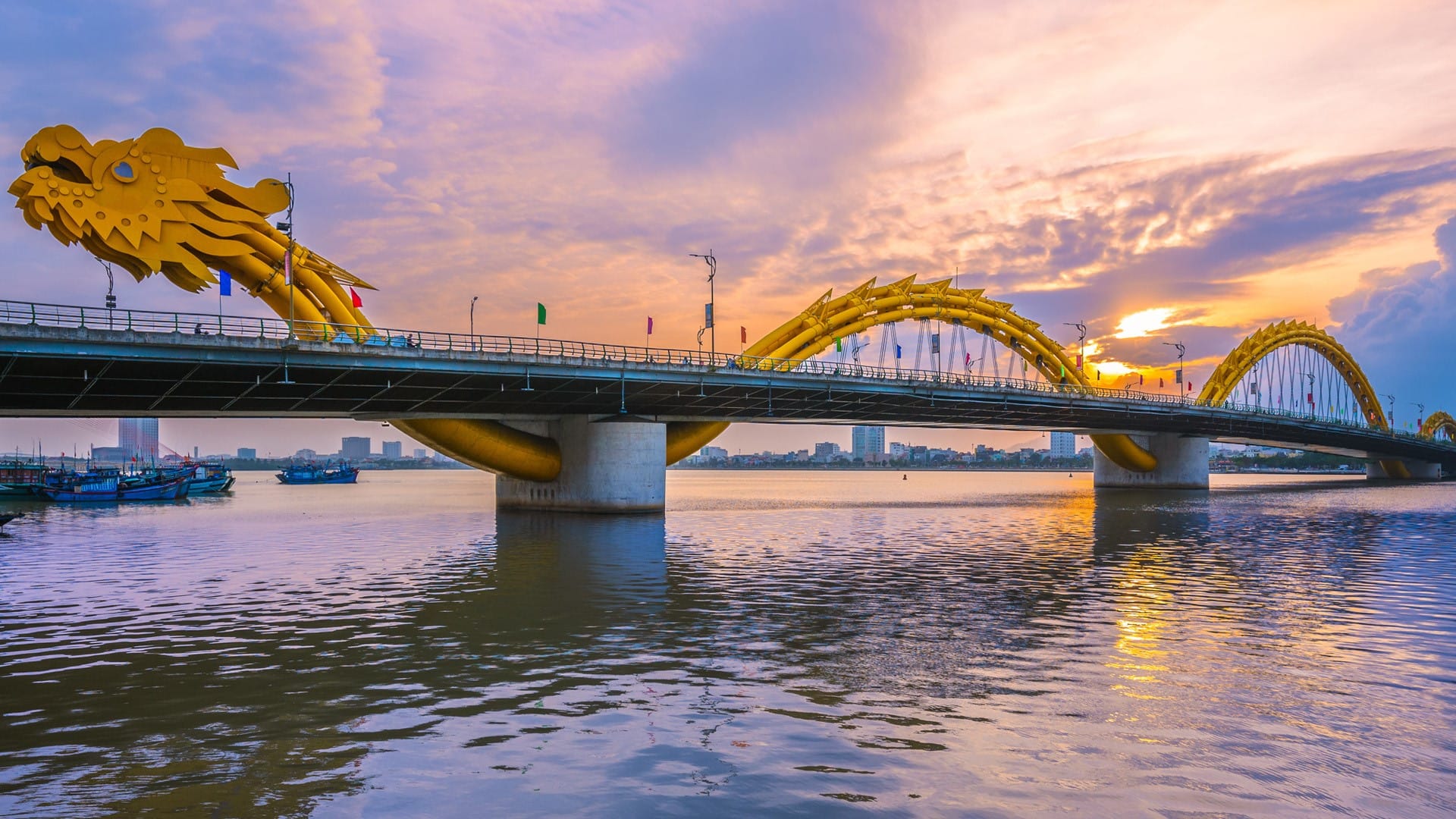 Dragon Bridge in Da Nang illuminated at night