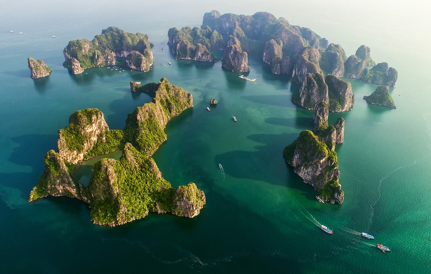 Panoramic viewpoint over Ha Long Bay limestone islands and sea
