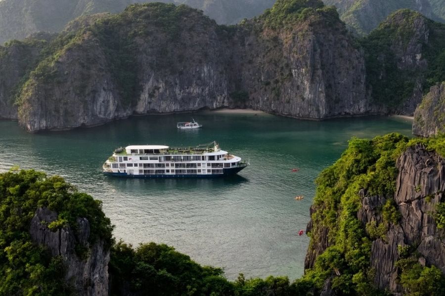 Ha Long Bay cruise sailing among limestone islands in northern Vietnam