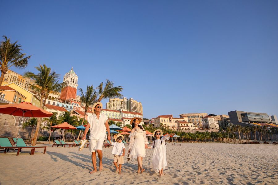Family enjoying beach resort in Vietnam