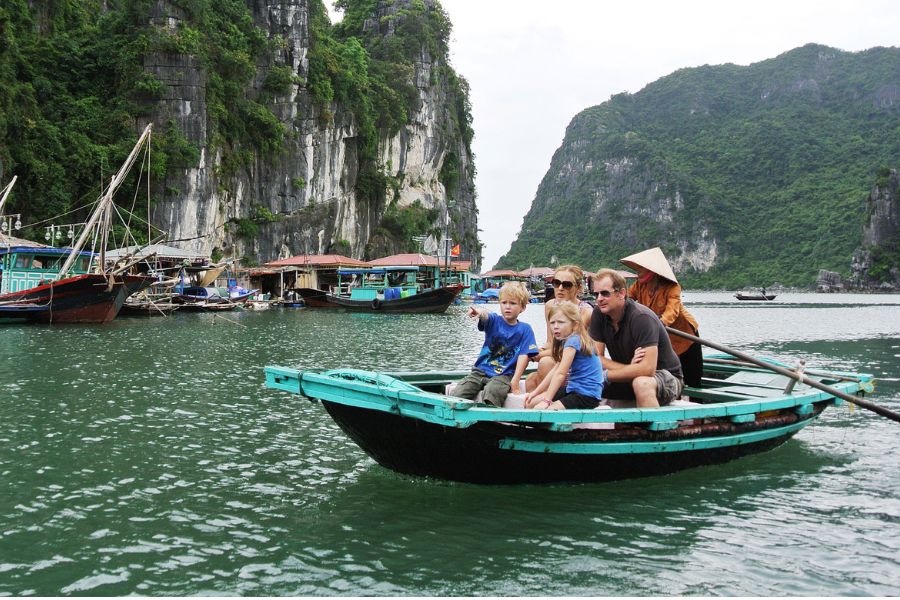 Family boat cruise in northern Vietnam