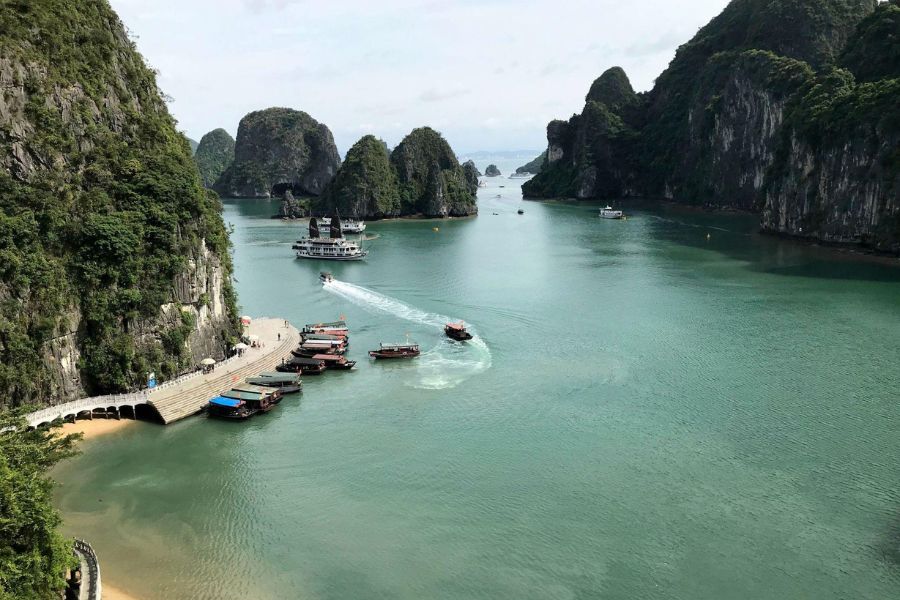 Ha Long Bay with limestone islands and emerald water