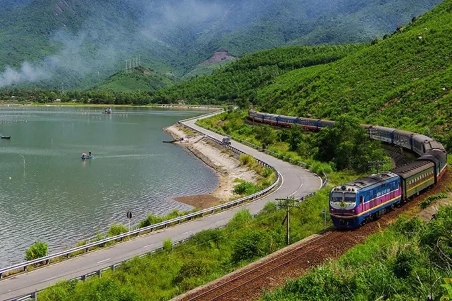 Vietnam train passing along the coast with ocean view