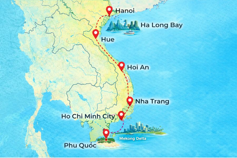 Vietnam travel route map from Hanoi to Ho Chi Minh City