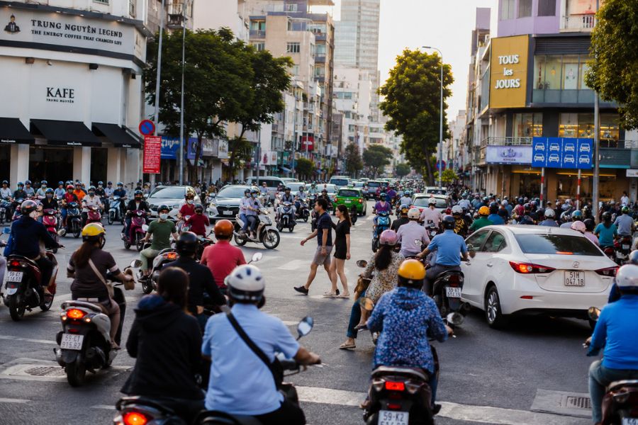 Busy motorbike traffic in a major city in Vietnam