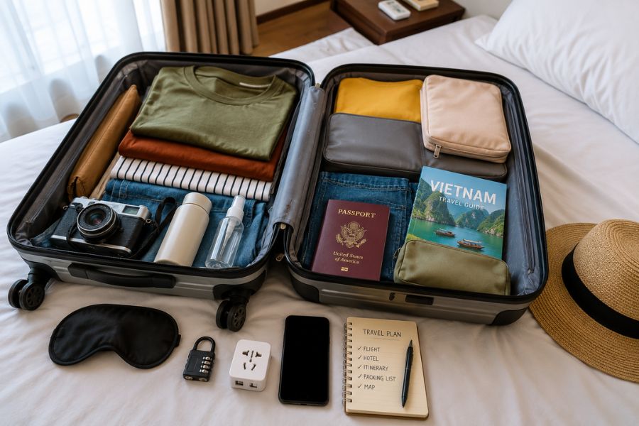 Travel suitcase packed with essentials for a Vietnam trip