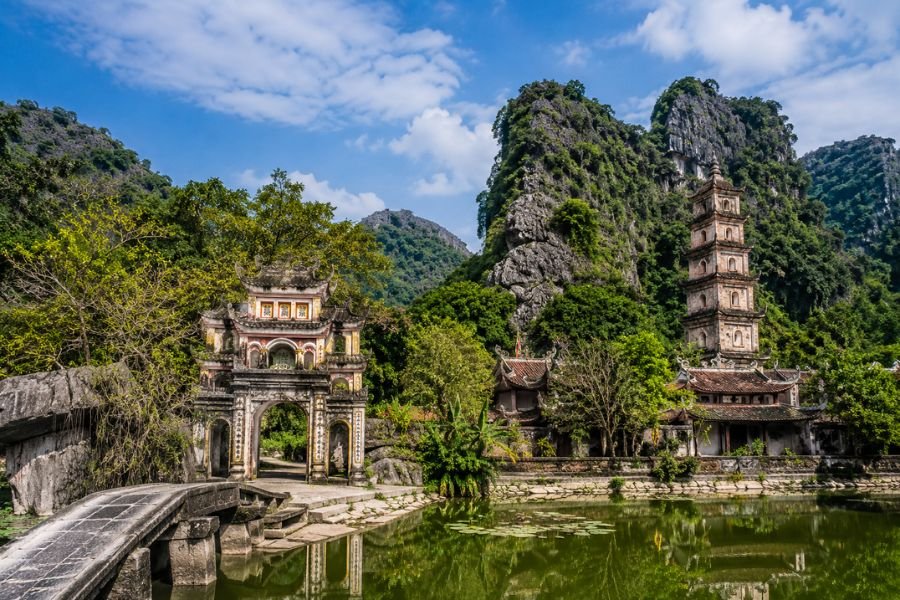 Bich Dong Pagoda surrounded by limestone mountains in Ninh Binh, Vietnam