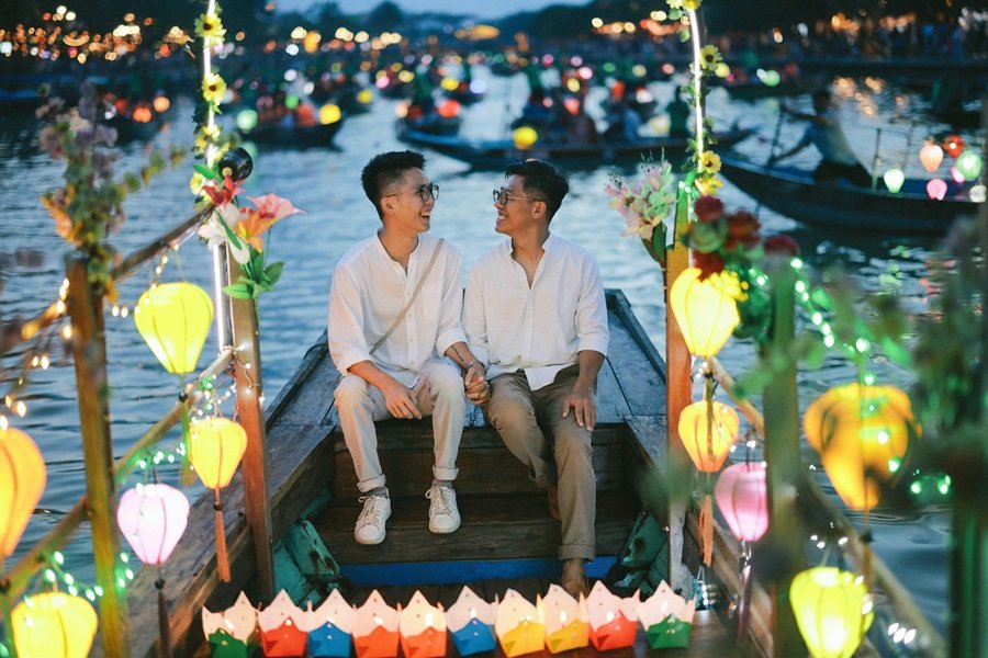 LGBT couple traveling in Vietnam on their honeymoon