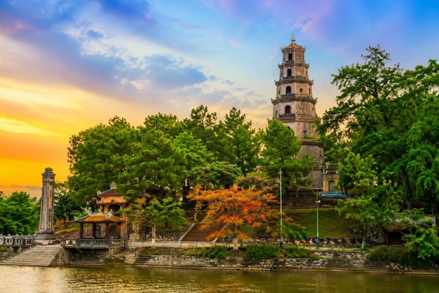 Thien Mu Pagoda overlooking the Perfume River in Hue, Vietnam