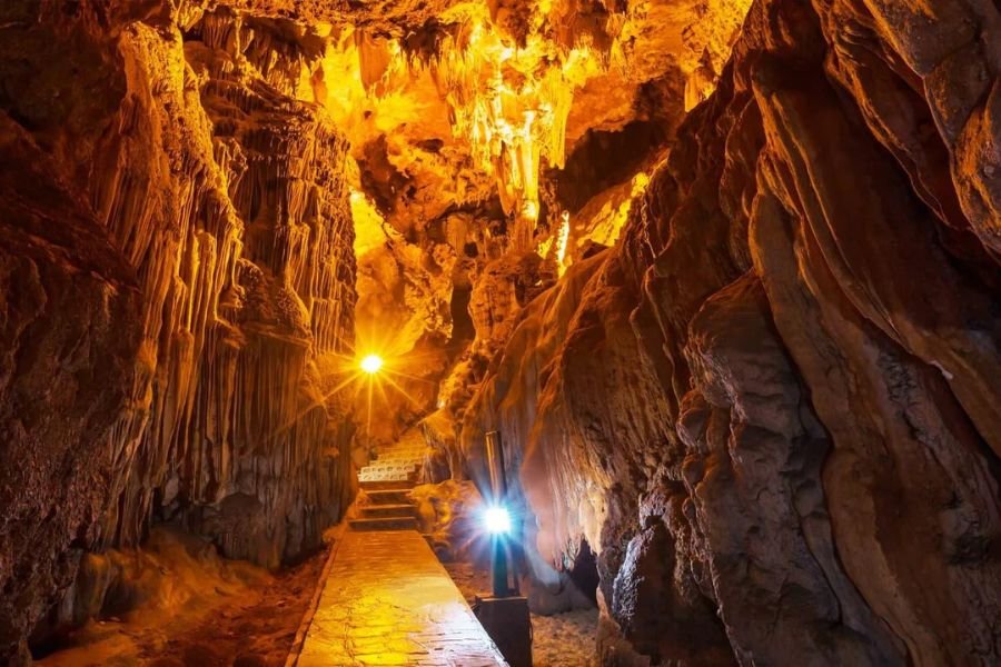 Nguom Ngao Cave in Cao Bang Vietnam with natural stalactites and limestone formations