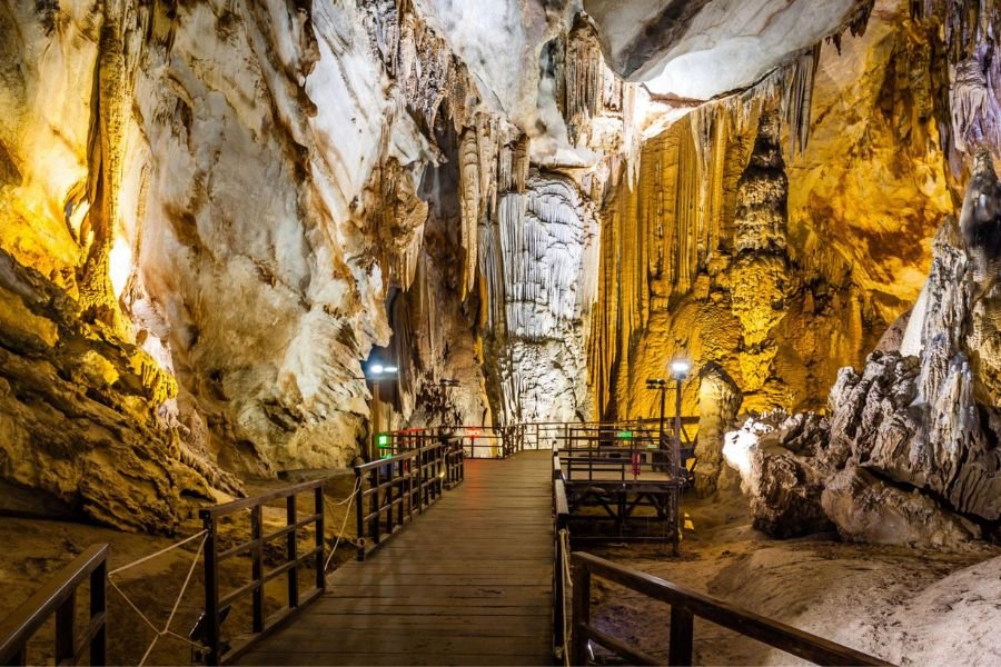 Paradise Cave in Vietnam with illuminated stalactites and limestone formations