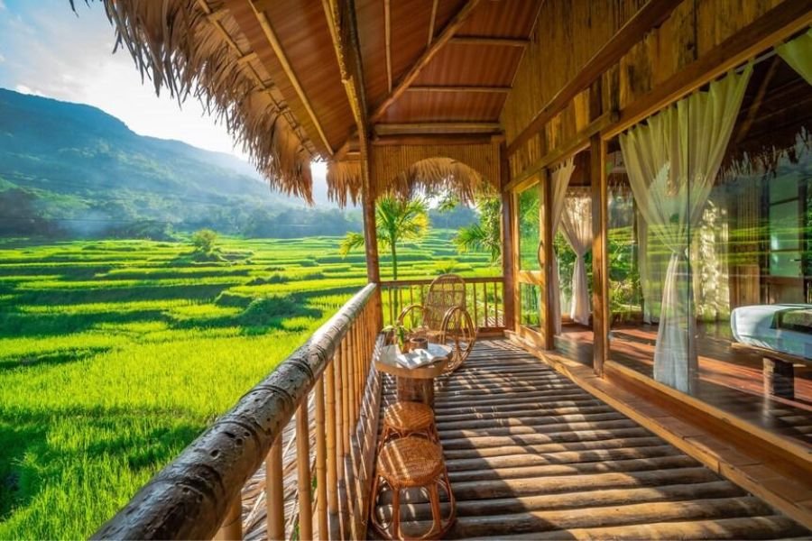 Traditional countryside homestay surrounded by rice terraces in Pu Luong Vietnam