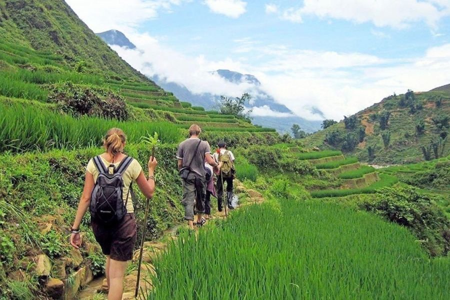 Travelers trekking through rice terraces and villages in Sapa