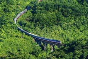 Vietnam Sleeper Train traveling through the Vietnamese countryside
